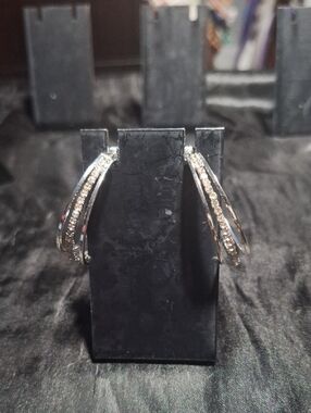 Silver-Tone Double Row Crystal Hoop Earrings - Women Jewelry